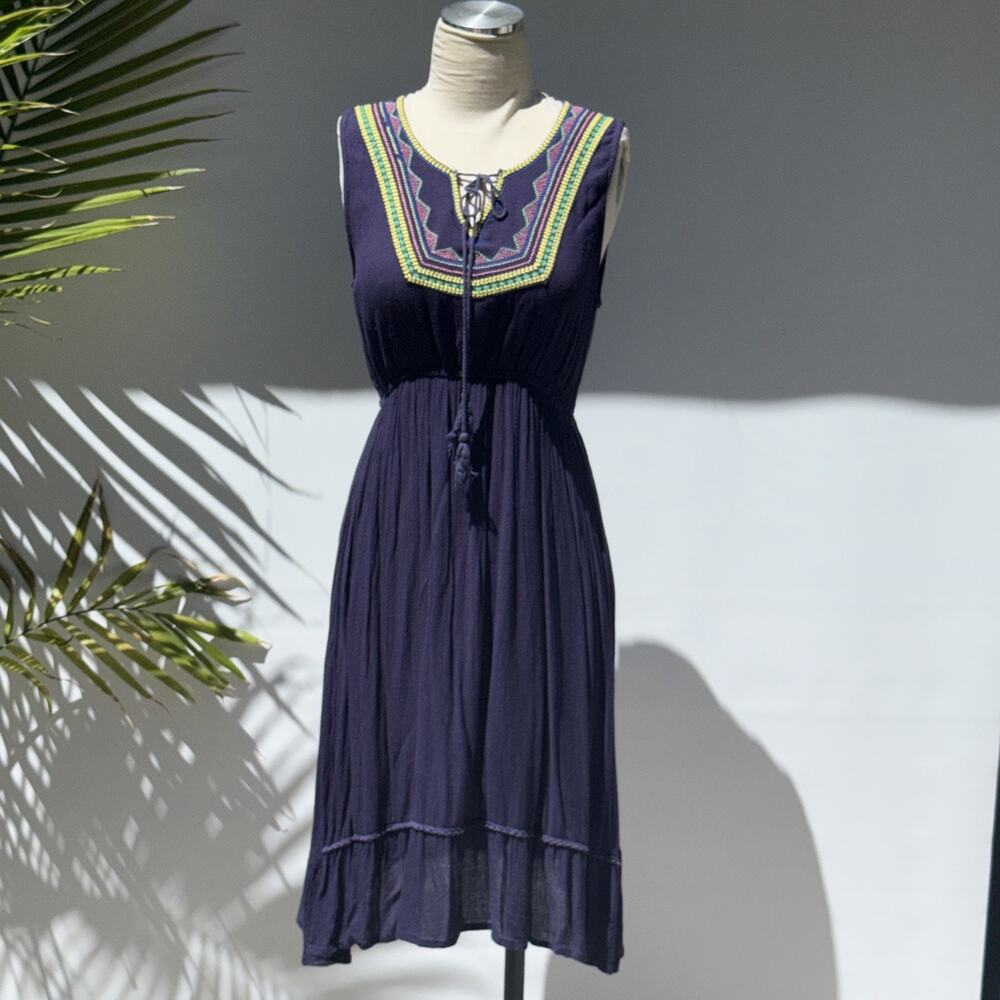 MAGIC Navy Blue Embroidered Boho Midi Dress Sleeveless Women's M